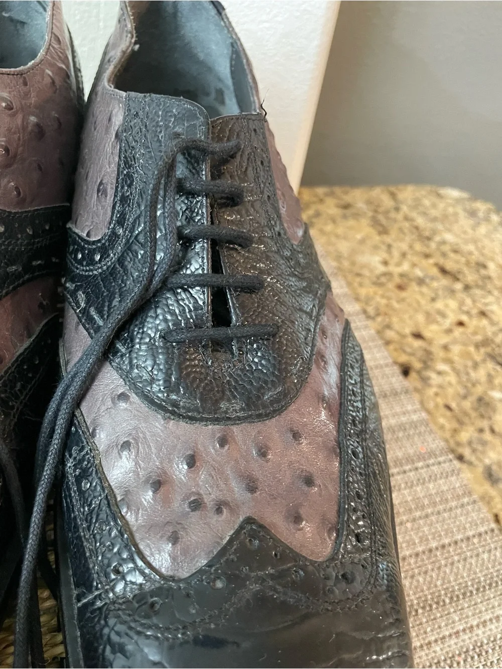 Men’s Black & Gray Exotic Ostrich Crocodile Print Wingtip Oxford Dress Shoe